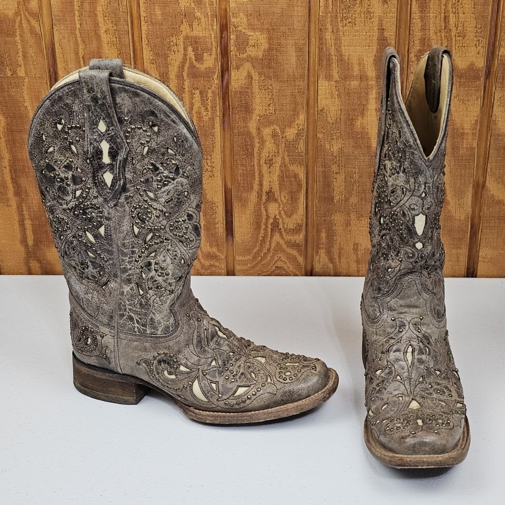 Corral Boots Womens 7M Brown Bone Inlay Square Toe Studded Cowboy A1121 *READ*